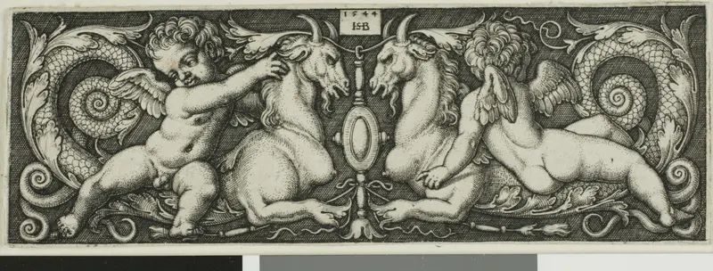 Ornament with Two Genii Riding Chimerical Beasts