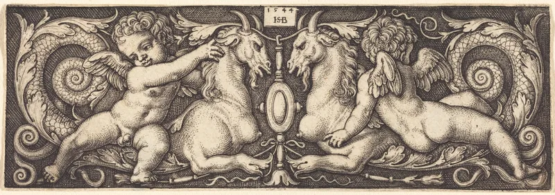 Ornament with Two Genii Riding on Two Chimeras Wall Art by Hans Sebald Beham - High-Resolution Digital Print