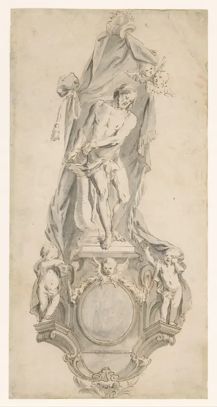Ornamentaal ontwerp met Christus aan de geselpaal Wall Art by anonymous - High-Resolution Digital Print