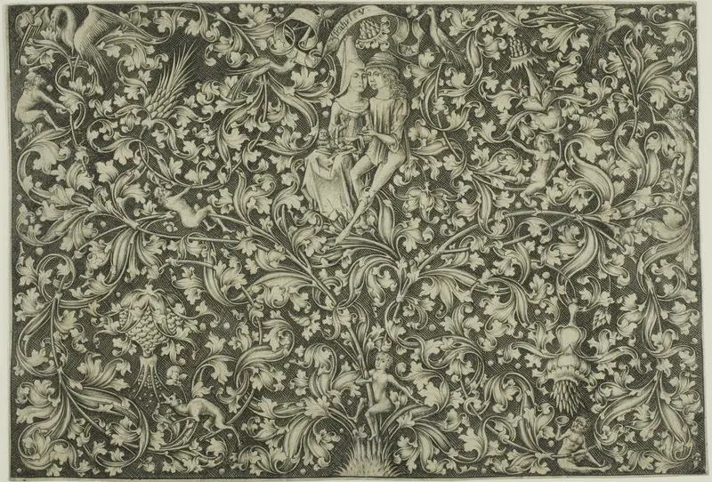 Ornamental Panel With Two Lovers Wall Art by Israhel van Meckenem, the younger - High-Resolution Digital Print