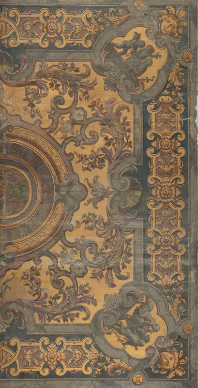 Ornamentale plafondschildering met in de hoeken voorstellingen van putti Wall Art by Unknown - High-Resolution Digital Print