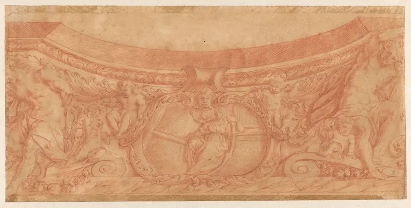Ornamentele rand met hermen en in het midden cartouche met allegorische figuren verbeeldend de hoop Wall Art by Mattheus Terwesten - High-Resolution Digital Print