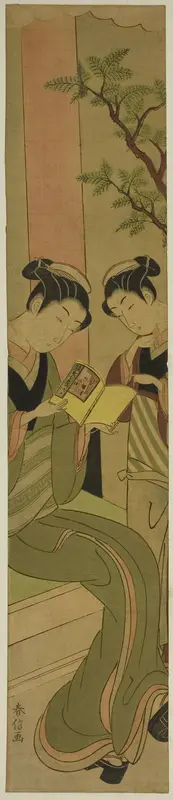 Osen of the Kagiya teahouse and an assistant reading a novelette Wall Art by Suzuki Harunobu - High-Resolution Digital Print