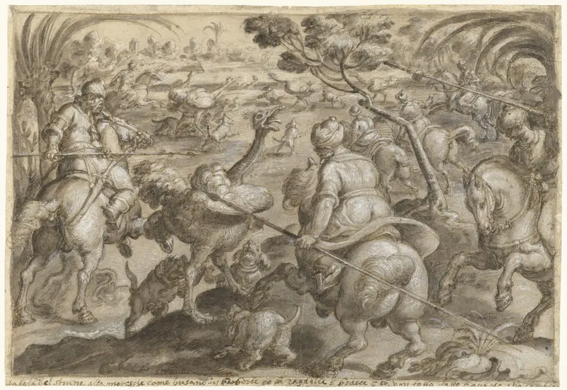Ostrich Hunt in Barbary Wall Art by Jan van der Straet - High-Resolution Digital Print