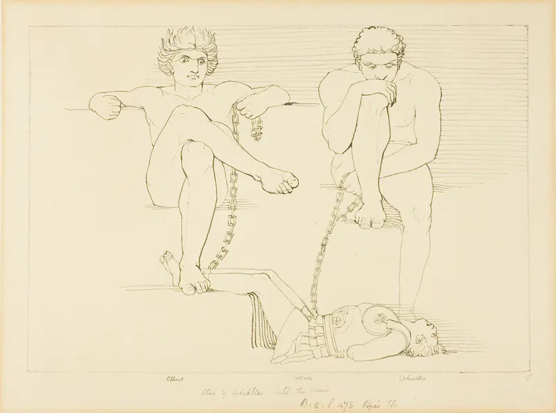 Othus and Ephialtes Holding Ares Captive Wall Art by John Flaxman - High-Resolution Digital Print