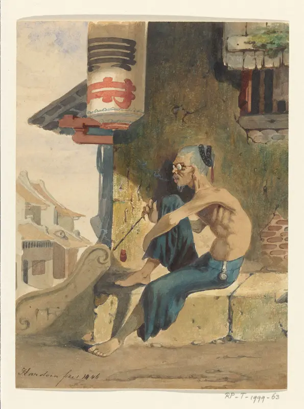 Oude, magere Chinees (opiumschuiver?) zittend op een stoep te Batavia Wall Art by Unknown - High-Resolution Digital Print