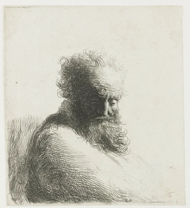 Oude man de blik naar beneden gericht: driekwart, naar rechts Wall Art by Unknown - High-Resolution Digital Print