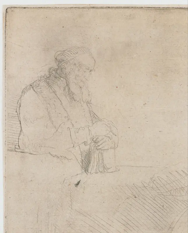 Oude man in overpeinzing, leunend op een boek Wall Art by Rembrandt van Rijn - High-Resolution Digital Print