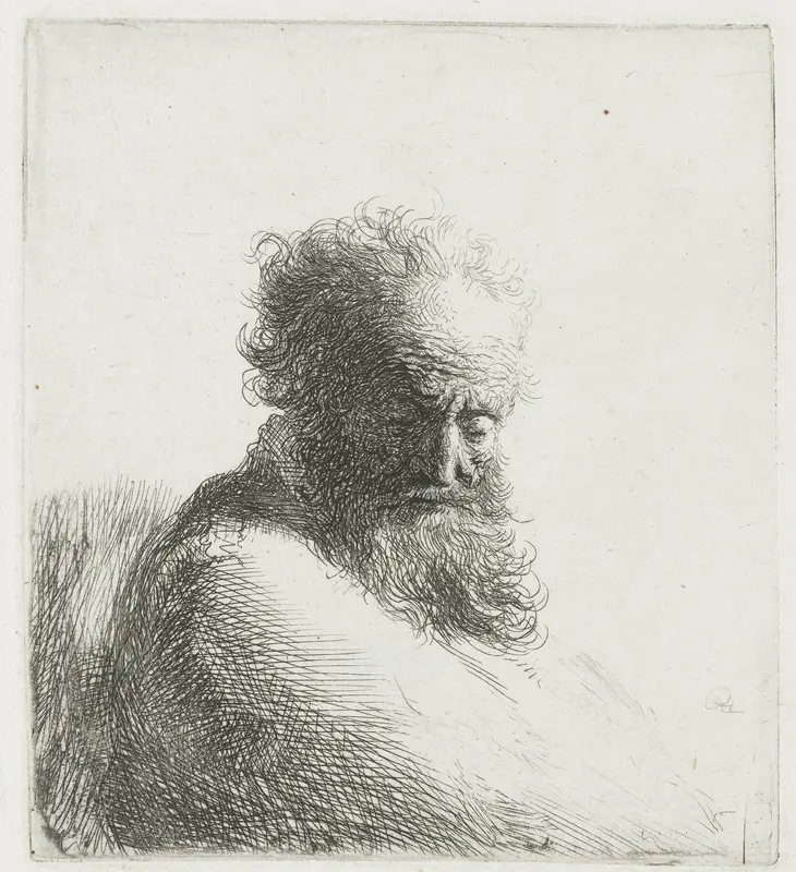 Oude man met baard met de blik naar beneden gericht: driekwart, naar rechts Wall Art by Unknown - High-Resolution Digital Print