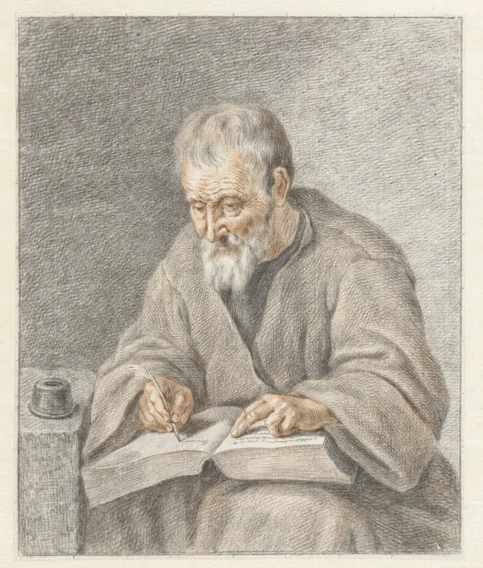Oude man, schrijvend in boek Wall Art by Abraham Delfos - High-Resolution Digital Print