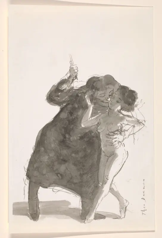 Oude vrouw drukt een naakte jonge vrouw tegen zich aan Wall Art by Unknown - High-Resolution Digital Print
