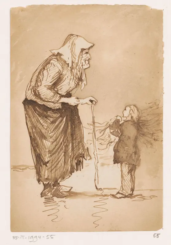 Oude vrouw en een jongetje met een takkenbos Wall Art by Johannes Tavenraat - High-Resolution Digital Print