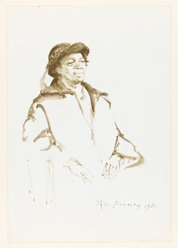 Oude vrouw in een grote jas en hoed Wall Art by Unknown - High-Resolution Digital Print
