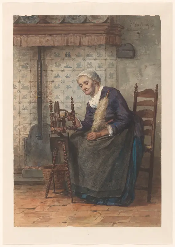 Oude vrouw in interieur aan spinnewiel Wall Art by Unknown - High-Resolution Digital Print