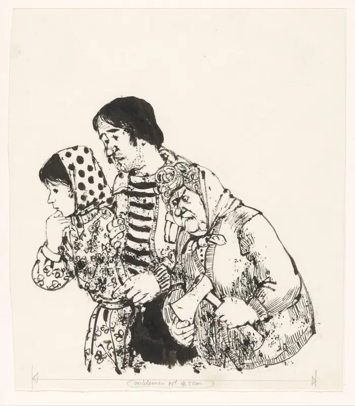 Oude vrouw met bijl en twee jonge mensen Wall Art by Jaap Nieuwenhuis - High-Resolution Digital Print