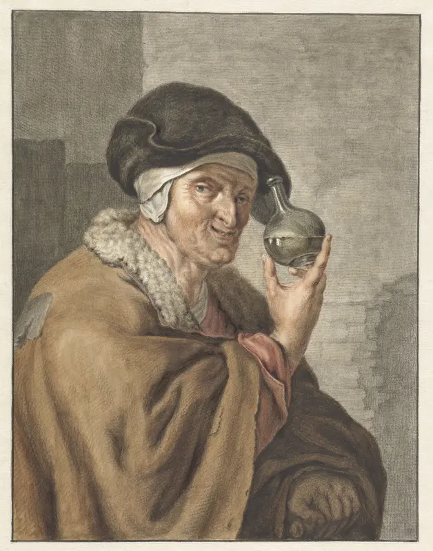 Oude vrouw met een urine-glas Wall Art by Abraham Delfos - High-Resolution Digital Print