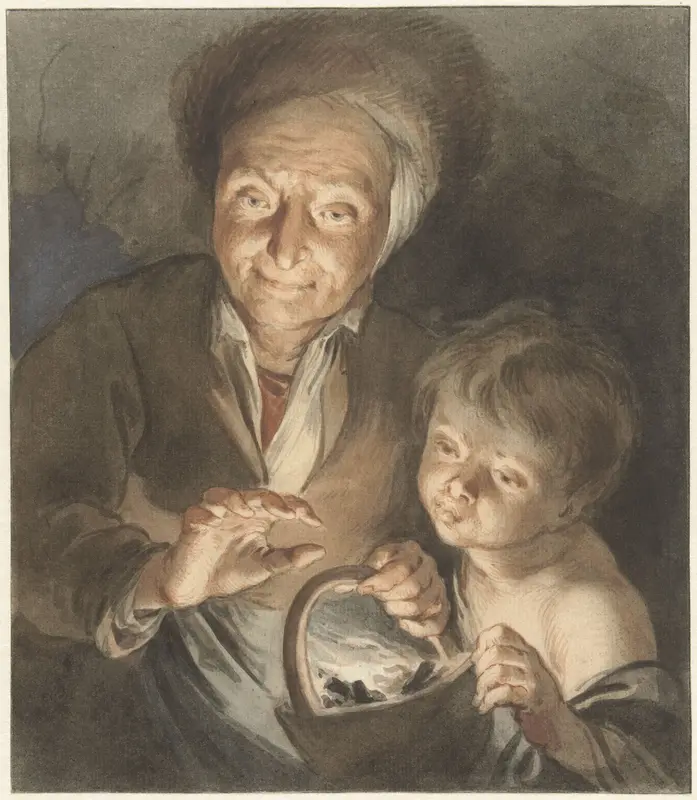 Oude vrouw met kind en vuurtest Wall Art by Jacob de Wit - High-Resolution Digital Print
