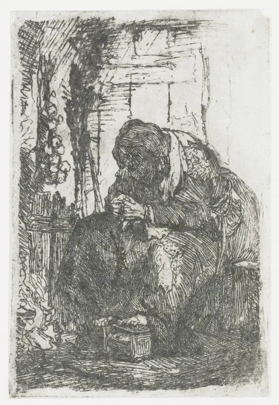 Oude vrouw met uien, zittend in een hut Wall Art by Rembrandt van Rijn - High-Resolution Digital Print