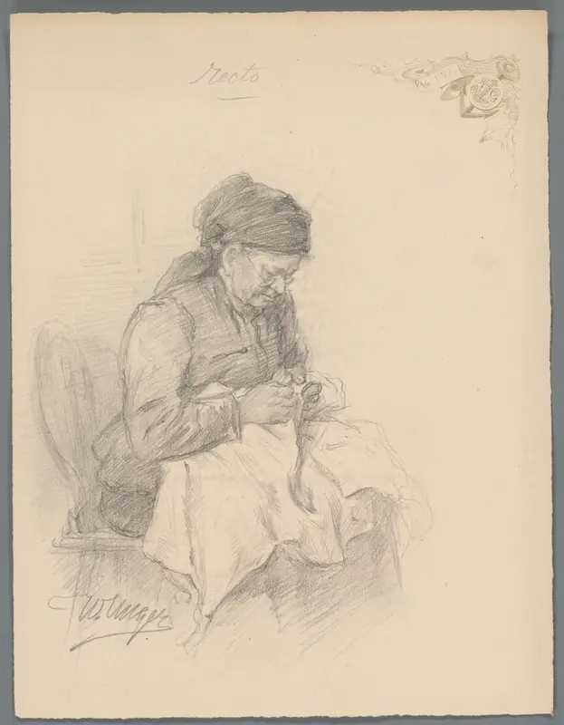 Oude vrouw met verstelwerk Wall Art by Unknown - High-Resolution Digital Print