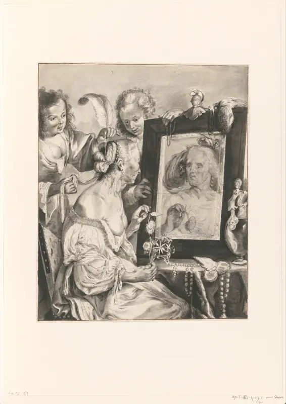 Oude vrouw voor een spiegel, met twee dienstmeiden Wall Art by Moses ter Borch - High-Resolution Digital Print