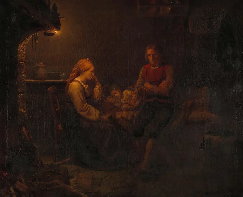 Ouders bij het ziekbed van hun kind Wall Art by Adolph Tidemand - High-Resolution Digital Print
