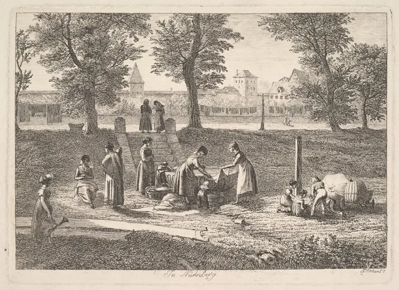 Outdoor Scene of Women in Domestic Activities in Nurnberg, Wall Art by Johann Christoph Erhard - High-Resolution Digital Print