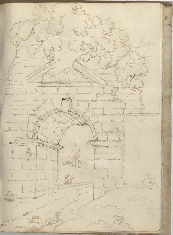Overgrown Roman arch spanning a road (Smaller Italian sketchbook, leaf 34 recto) Wall Art by Joseph Wright (Wright of Derby) - High-Resolution Digital Print
