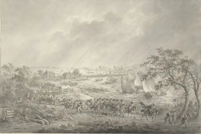 Overtocht van de Engelse en Hannoverse troepen uit Nijmegen naar Lent over de schipbrug over de Waal, 7 november 1794 Wall Art by Unknown - High-Resolution Digital Print
