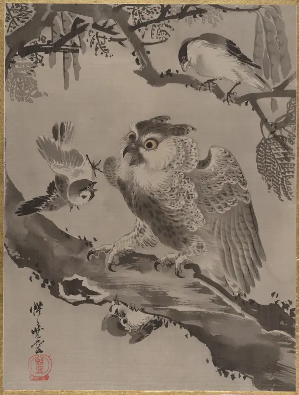 Owl Mocked by Small Birds Wall Art by Kawanabe Kyōsai 河鍋暁斎 - High-Resolution Digital Print