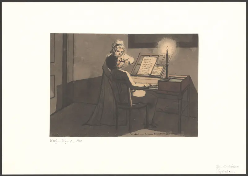 P.A. Croese zit achter de tafelpiano terwijl een vrouw wijn in zijn mond giet Wall Art by Christiaan Andriessen - High-Resolution Digital Print