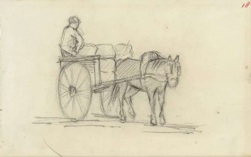 Paard en een kar met een man erop