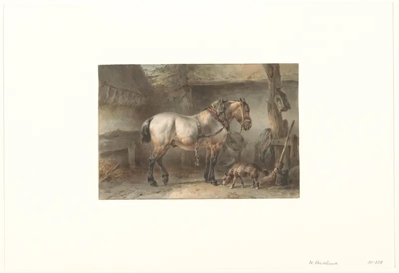 Paard en hond in een stal Wall Art by Wouter Verschuur (1841-1936) - High-Resolution Digital Print