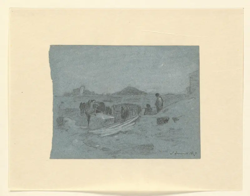 Paard en wagen en werklui op een bouwterrein bij het huidige Russell Square te Londen Wall Art by John Linnell (II) - High-Resolution Digital Print