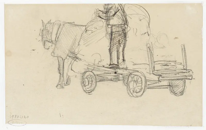 Paard en wagen met staande man