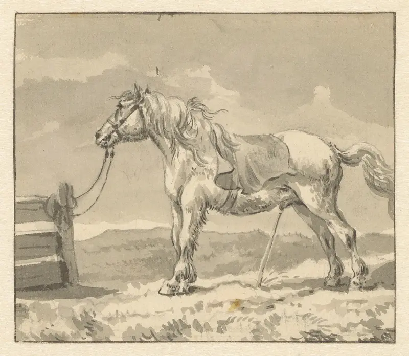 Paard in een weiland dat aan een hek gebonden is Wall Art by Wouter Johannes van Troostwijk - High-Resolution Digital Print
