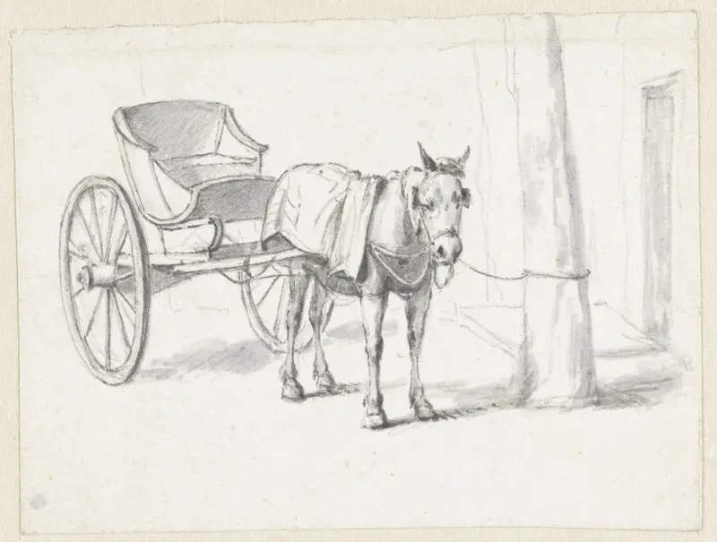 Paard met rijtuig, aan een boom gebonden Wall Art by Pieter Bartholomeusz. Barbiers - High-Resolution Digital Print