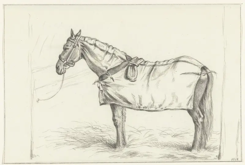 Paard staand in stal met deken op de rug, naar links Wall Art by Jean Bernard - High-Resolution Digital Print
