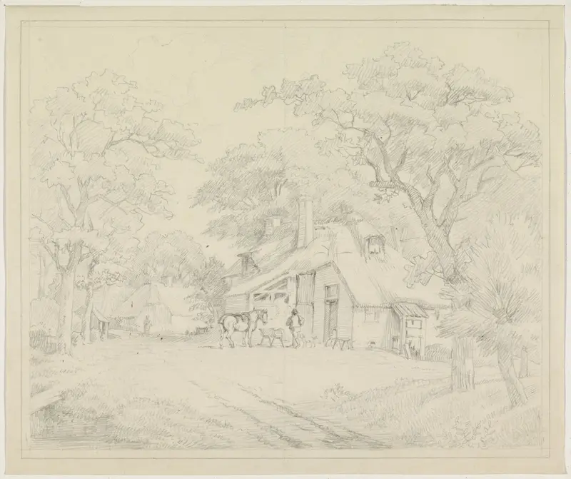 Paard voor huis tussen bomen Wall Art by Hendrik Jozef Franciscus van der Poorten - High-Resolution Digital Print