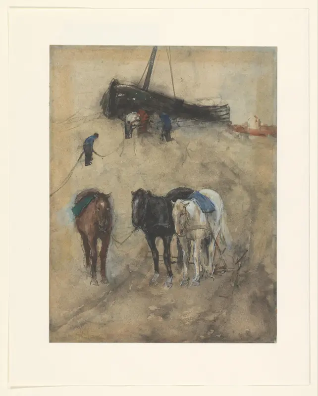 Paarden op het strand, op de achtergrond een schuit en vissers Wall Art by George Hendrik Breitner - High-Resolution Digital Print