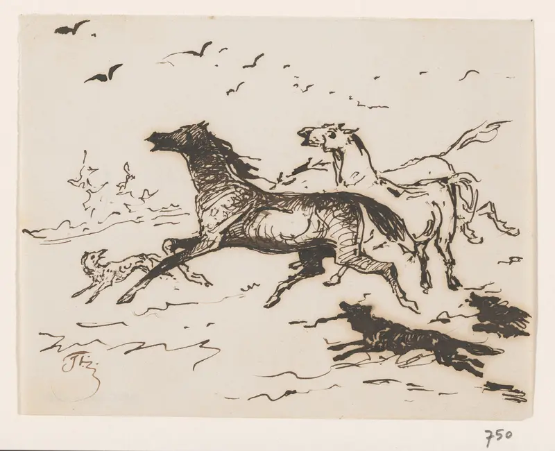Paarden rennend tussen honden of wolven, met vogels in de lucht Wall Art by Unknown - High-Resolution Digital Print