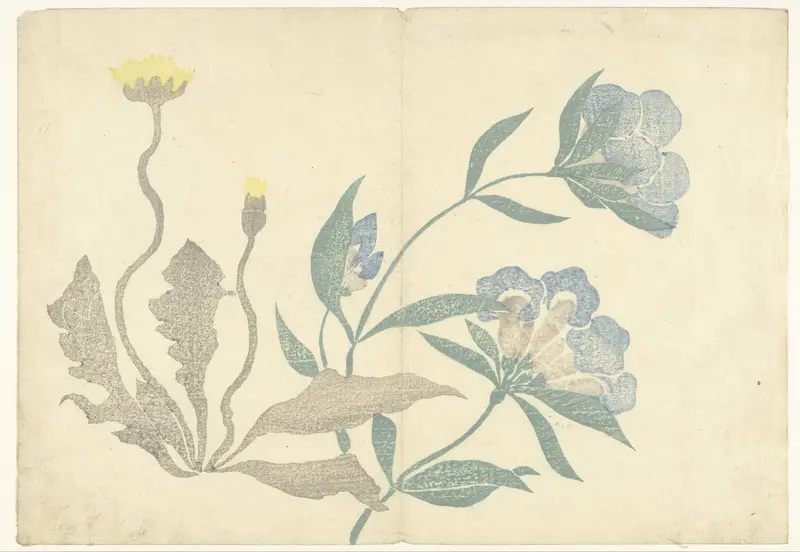 Paardenbloemen en blauwe bloemen Wall Art by Nakamura Hôchû - High-Resolution Digital Print