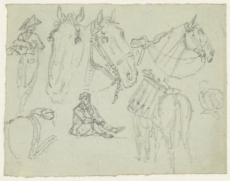 Paardenhoofden en schetsen van soldaten Wall Art by Georges Michel - High-Resolution Digital Print