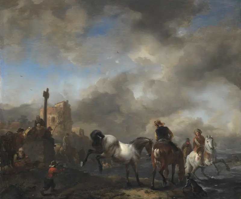 Paardenwed bij een grenspaal Wall Art by Unknown - High-Resolution Digital Print