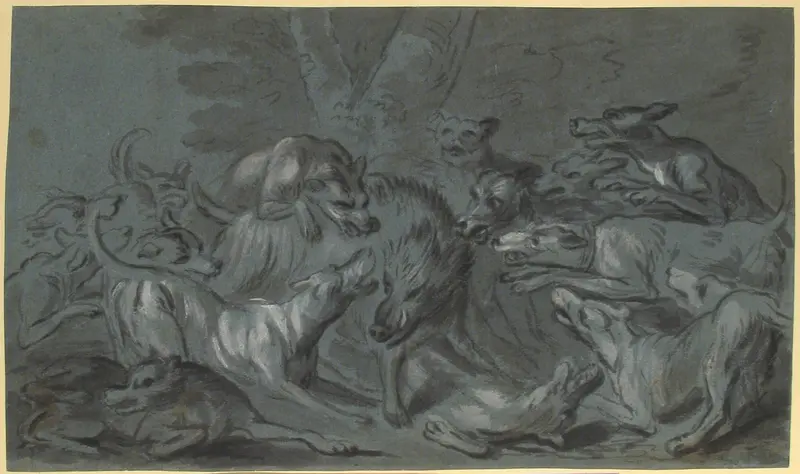 Pack of Dogs Attacking a Wild Boar Wall Art by Jean-Baptiste Oudry - High-Resolution Digital Print
