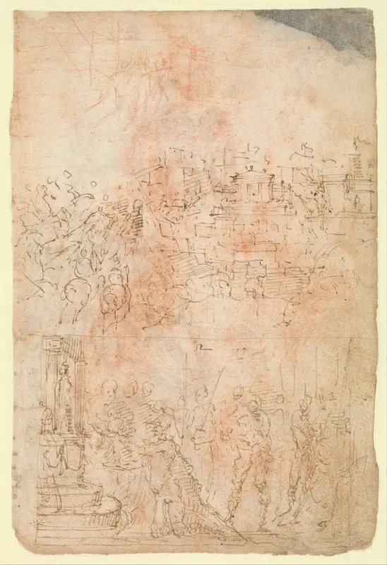 Page from a Sketchbook Depicting a City under Siege and a Scene of Homage(?) (recto); standing figures and a horseman; male and female figures; a battle scene (verso) Wall Art by Domenico Beccafumi - High-Resolution Digital Print