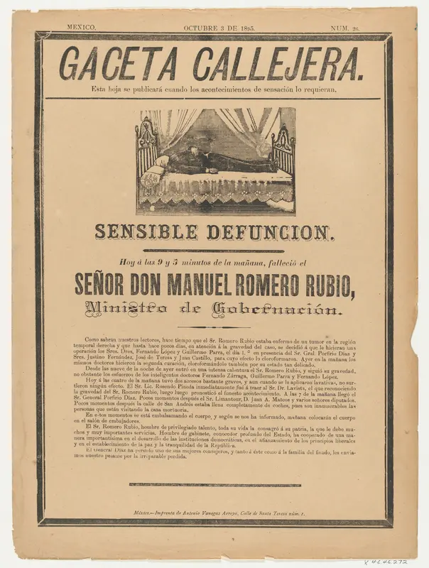 Page from the Gaceta Callajera (October 3 1895) relating to the death of the government minister, Don Manuel Romero Rubio Wall Art by Anonymous - High-Resolution Digital Print