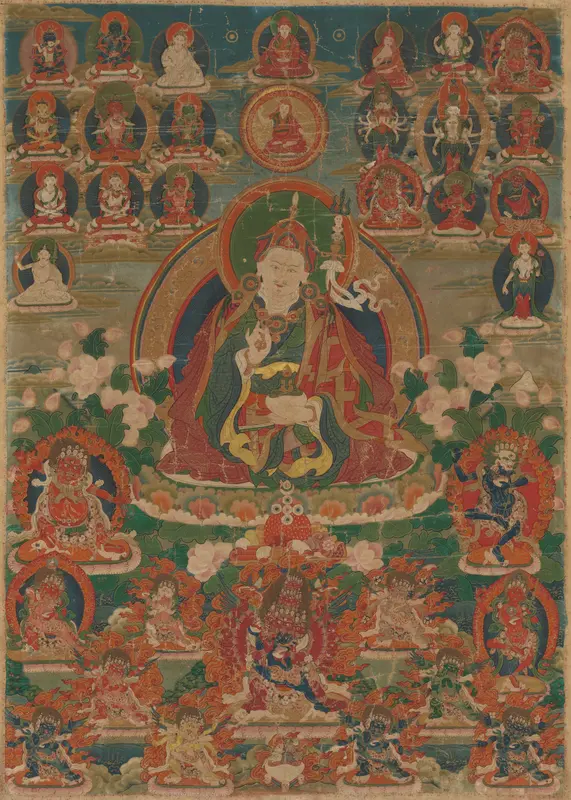 Painted Banner (Thangka) of Sage Guru Padmasambhava Seated Holding a Thunderbolt (Vajra) and Skull Cup (Kapala) Wall Art by Unknown - High-Resolution Digital Print