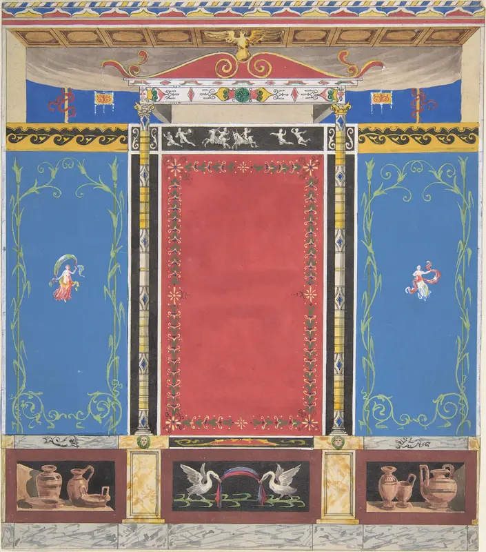 Painted Wall Decor Featuring Thin Column with a Pair of Swans and Trompe L'Oeil Vases at Base Wall Art by Jules-Edmond-Charles Lachaise - High-Resolution Digital Print