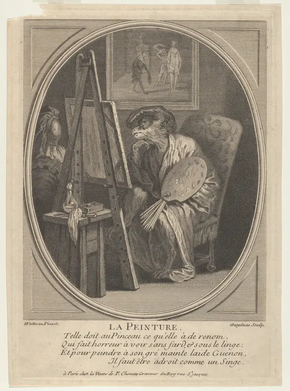 Painting (La Peinture): a monkey seated at an easel, dressed in a robe and beret and holding a painter's palette, a framed painting hanging on the wall beyond Wall Art by Louis Desplaces - High-Resolution Digital Print