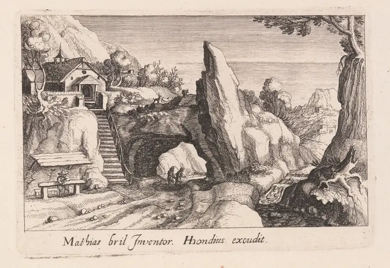 Pair of Figures Walking Under a Rock Bridge, from Topographia Variarum Regionum Wall Art by Simon Frisius - High-Resolution Digital Print